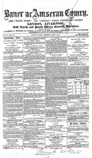 cover page of Baner ac Amserau Cymru published on August 2, 1865