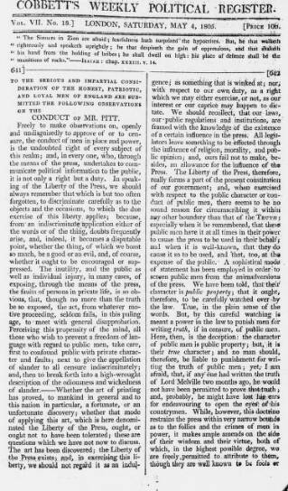 cover page of Cobbett's Weekly Political Register published on May 4, 1805