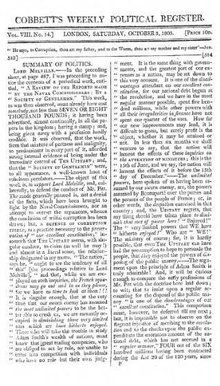 cover page of Cobbett's Weekly Political Register published on October 5, 1805