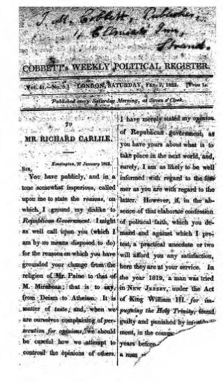 cover page of Cobbett's Weekly Political Register published on February 2, 1822