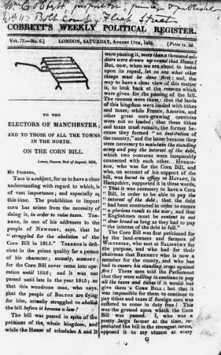 cover page of Cobbett's Weekly Political Register published on August 11, 1832