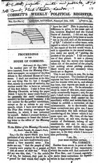 cover page of Cobbett's Weekly Political Register published on February 2, 1833