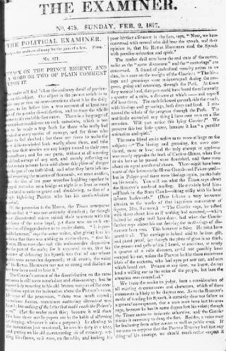 cover page of The Examiner published on February 2, 1817