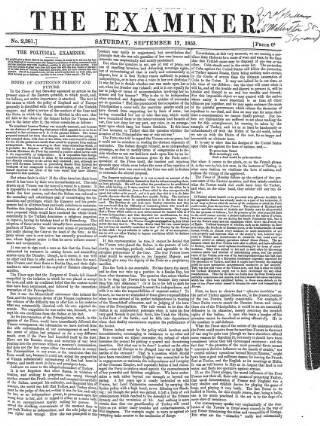 cover page of The Examiner published on September 17, 1853