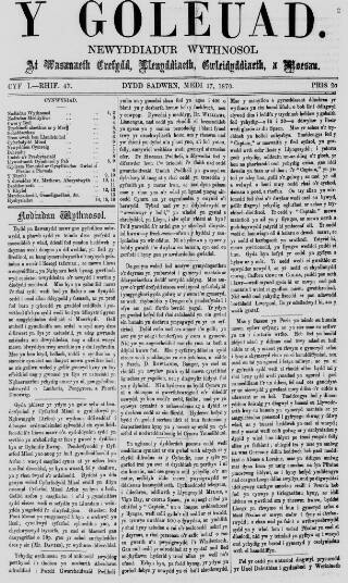 cover page of Y Goleuad published on September 17, 1870