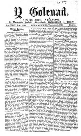 cover page of Y Goleuad published on November 2, 1898