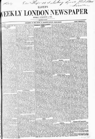 cover page of Lloyd's Weekly Newspaper published on November 2, 1845