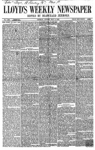cover page of Lloyd's Weekly Newspaper published on May 4, 1862