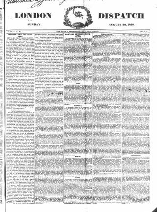 cover page of London Dispatch published on August 26, 1838