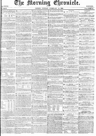 cover page of Morning Chronicle published on February 2, 1858