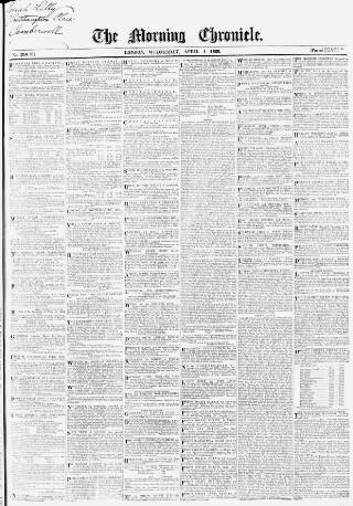 cover page of Morning Chronicle published on April 4, 1860
