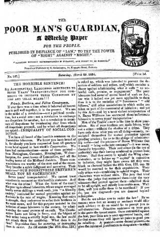 cover page of Poor Man's Guardian published on March 29, 1834