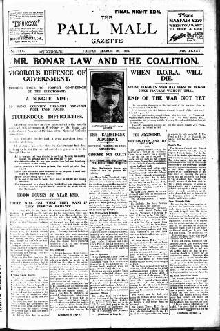 cover page of Pall Mall Gazette published on March 19, 1920