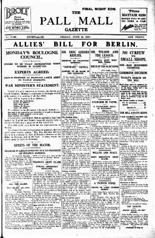 cover page of Pall Mall Gazette published on June 18, 1920