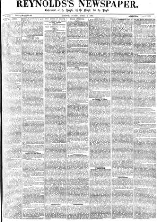 cover page of Reynolds's Newspaper published on April 4, 1886