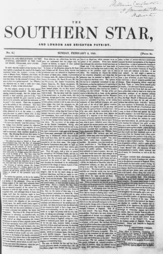 cover page of Southern Star published on February 2, 1840