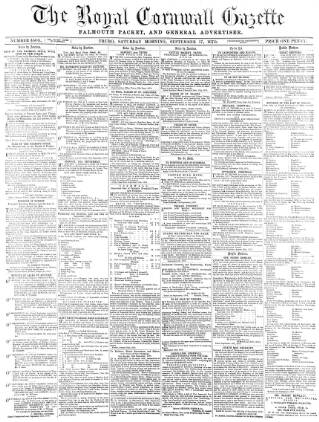 cover page of Royal Cornwall Gazette published on September 17, 1870