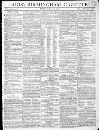 cover page of Aris's Birmingham Gazette published on June 18, 1804