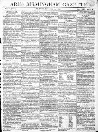 cover page of Aris's Birmingham Gazette published on September 17, 1804