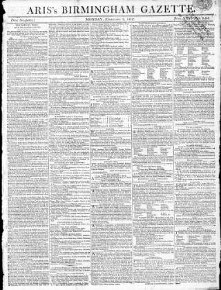 cover page of Aris's Birmingham Gazette published on February 2, 1807