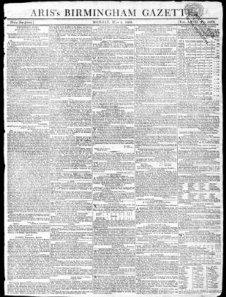 cover page of Aris's Birmingham Gazette published on May 2, 1808