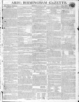 cover page of Aris's Birmingham Gazette published on June 18, 1810