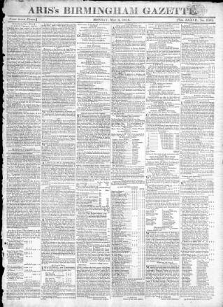 cover page of Aris's Birmingham Gazette published on May 4, 1818