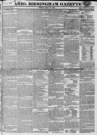 cover page of Aris's Birmingham Gazette published on March 19, 1827