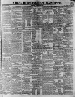 cover page of Aris's Birmingham Gazette published on November 2, 1835