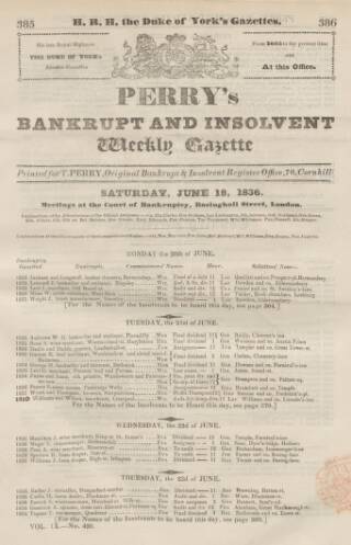 cover page of Perry's Bankrupt Gazette published on June 18, 1836