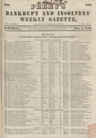 cover page of Perry's Bankrupt Gazette published on November 2, 1850