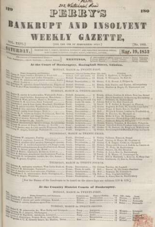 cover page of Perry's Bankrupt Gazette published on March 19, 1853