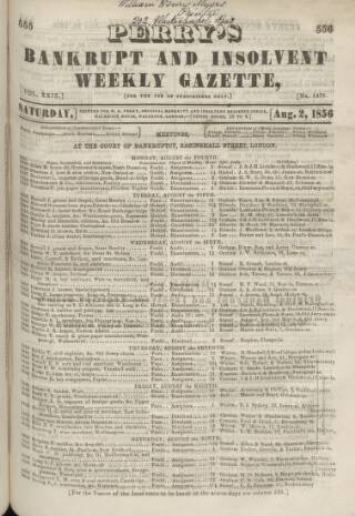 cover page of Perry's Bankrupt Gazette published on August 2, 1856