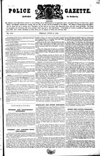 cover page of Police Gazette published on June 18, 1858