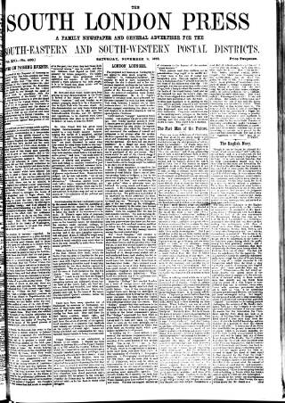 cover page of South London Press published on November 2, 1872