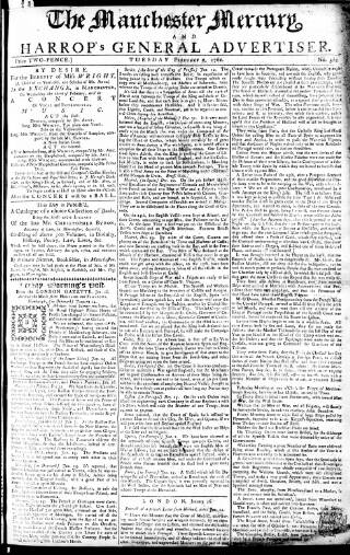 cover page of Manchester Mercury published on February 2, 1762
