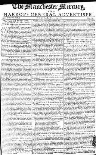 cover page of Manchester Mercury published on March 19, 1765