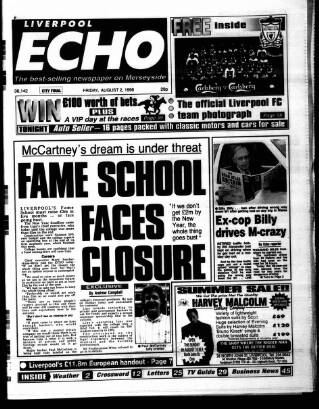 cover page of Liverpool Echo published on August 2, 1996