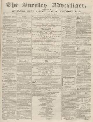 cover page of Burnley Advertiser published on June 18, 1859
