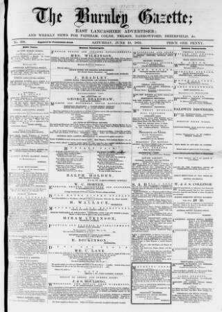 cover page of Burnley Gazette published on June 18, 1870