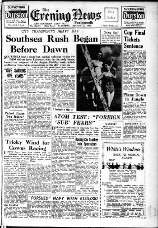 cover page of Portsmouth Evening News published on August 2, 1952