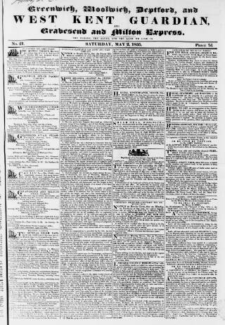 cover page of West Kent Guardian published on May 2, 1835