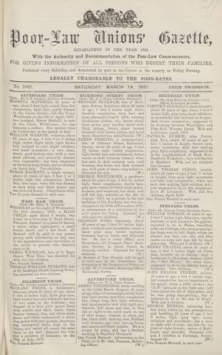 cover page of Poor Law Unions' Gazette published on March 19, 1881