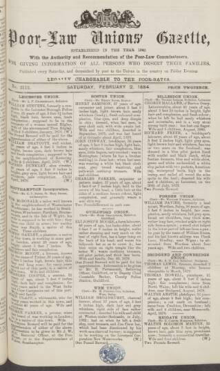 cover page of Poor Law Unions' Gazette published on February 2, 1884