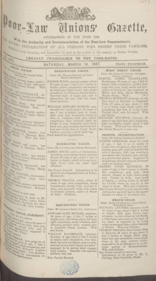 cover page of Poor Law Unions' Gazette published on March 19, 1887