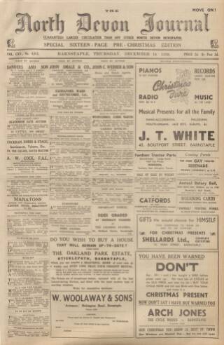 cover page of North Devon Journal published on December 14, 1939