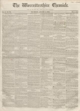 cover page of Worcestershire Chronicle published on August 2, 1838