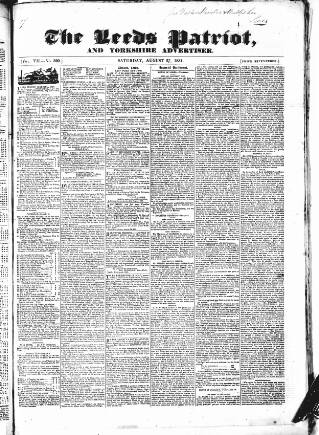 cover page of Leeds Patriot and Yorkshire Advertiser published on August 27, 1831