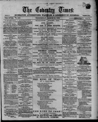 cover page of Coventry Times published on March 19, 1873