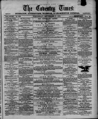 cover page of Coventry Times published on September 17, 1873
